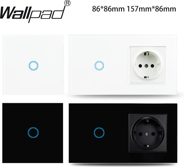 Modernes Wallpad mit Touch-Lichtschalter und EU-Stromsteckdose aus Kristallglas, 1 Gang, 1 Weg, LED, Weiß oder Schwarz, B/H: 86 x 157 mm - Bild 1
