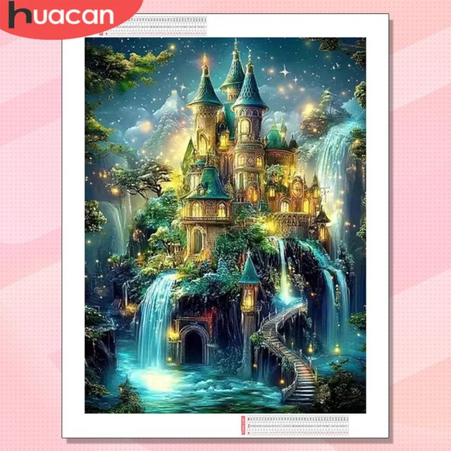 HUACAN Diamant-Gemälde Schloss und Landschaft als 5D-Wasserfall Mosaik Set in Multicolour, B/H: 30 x 20 cm - Bild 1