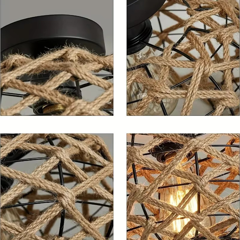 Retro Deckenleuchte von ludengchaoshi aus Rattan und Metall in Braun und Schwarz, runde Hanfseil-Lampe für Küche, Schlafzimmer oder Flur - Bild 2