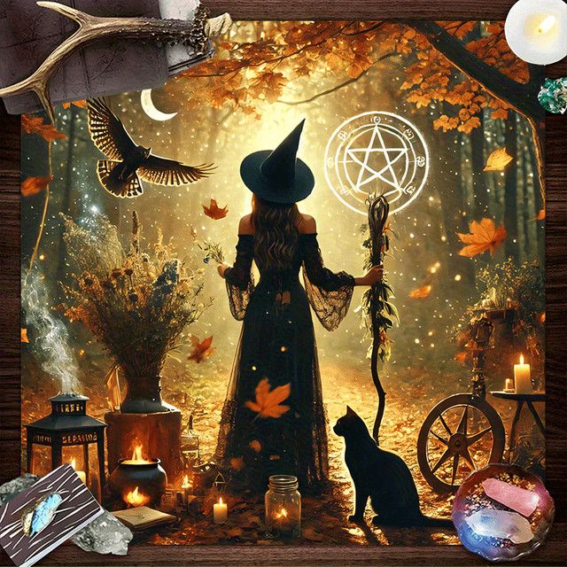 VIKAMA Mystic Crow Tischdecke in Schwarz mit Feder, Blume, Stern und Mond Design, wasserdicht und schmutzabweisend für Tarot-Wahrsagerei und Dekoration - Bild 1