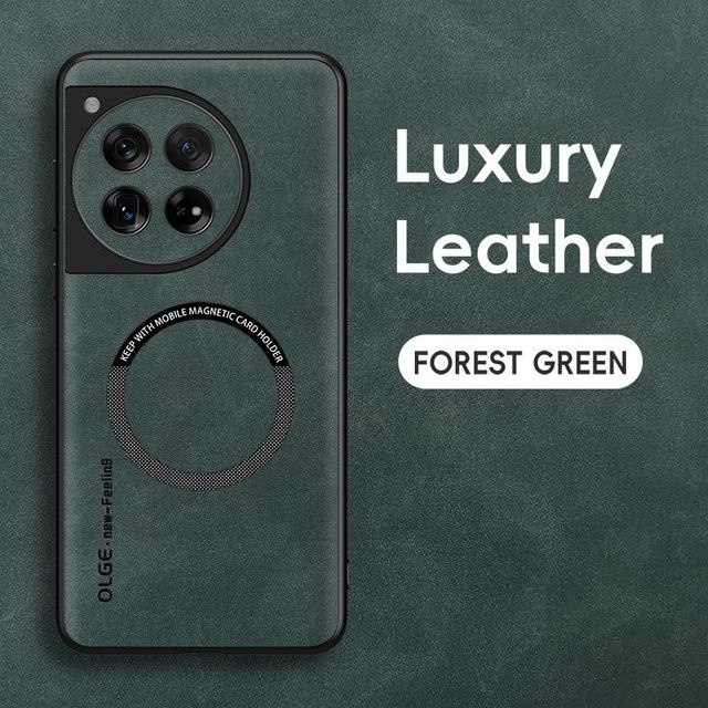 Magnetische OnePlus 12 Handyhülle aus feinem Schafsleder und weichem TPU in Grün mit Anti-Fall- und Anti-Fingerabdruck-Schutz - Bild 1