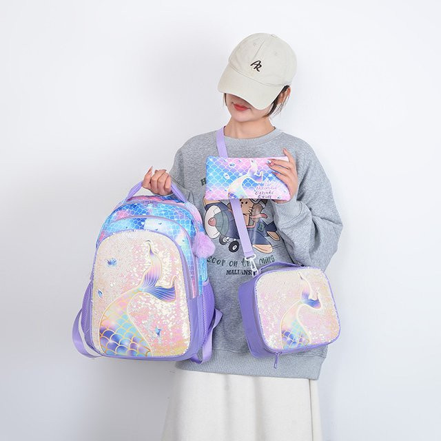 3-teiliges Einhorn Schulranzen-Set aus Nylon in Blau mit Rucksack, Lunchbag und Federmäppchen - Bild 1