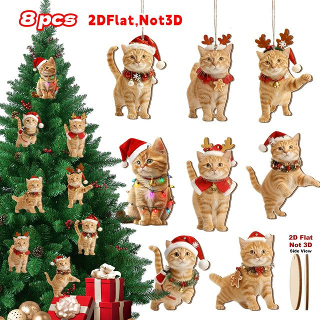 8 Stück DUTRIEUX Weihnachts-Holzornamente in Form von orangefarbenen Katzen, 2D flach im klassischen Stil - Bild 1
