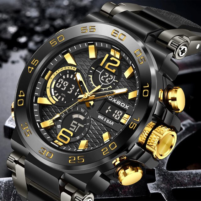 FOXBOX Armbanduhr, Digitaluhr, Quarz, Edelstahl, Schwarz, Herren - Bild 1