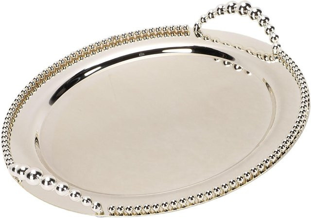 Runde Obstschale aus Metall von Koogeelife in Silber und Beige mit Griffen, Durchmesser: 31,5 cm - Bild 1
