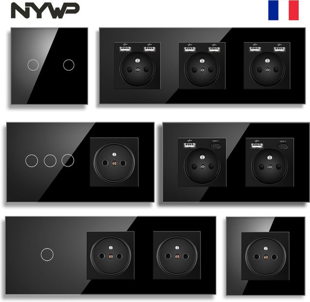 NYWP Touch-Lichtschalter und französische Steckdosen mit USB-C Ladegerät aus Kristallglas in Schwarz - Bild 1