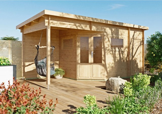 Fjordholz Gartenhaus Modell Leva 2E als 5-Eck Blockhaus in Braun mit Fenster und Tür - Bild 1