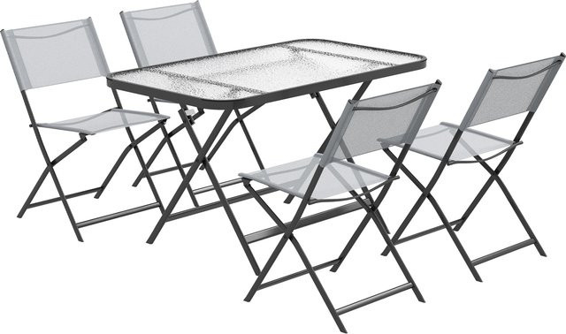 Outsunny Gartenmöbelset 5-teilig in Grau mit 4 klappbaren Textilene-Stühlen und einem Gartentisch mit gehärteter Glasplatte - Bild 1