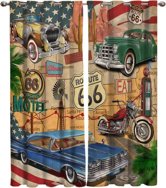 Verdunkelungsvorhang mit Oldtimer Motorrad und Retro Auto Motiv für Kinderzimmer, 2er Set, Breite: 55 cm, Höhe: 120 cm - Bild 1