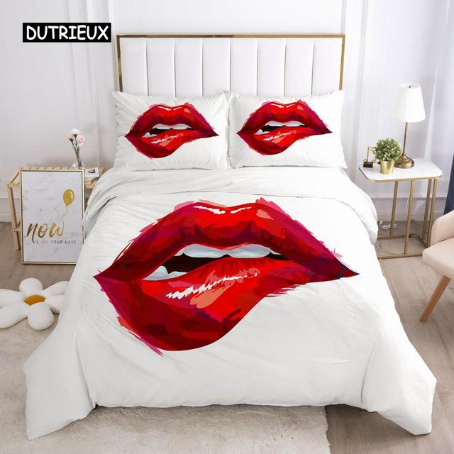 Binchi Outdoor Product Bettwäsche-Set mit 3D-Lippen-Motiv in Rot und Weiß, Polyester, B/H: 150 x 200 cm - Bild 1