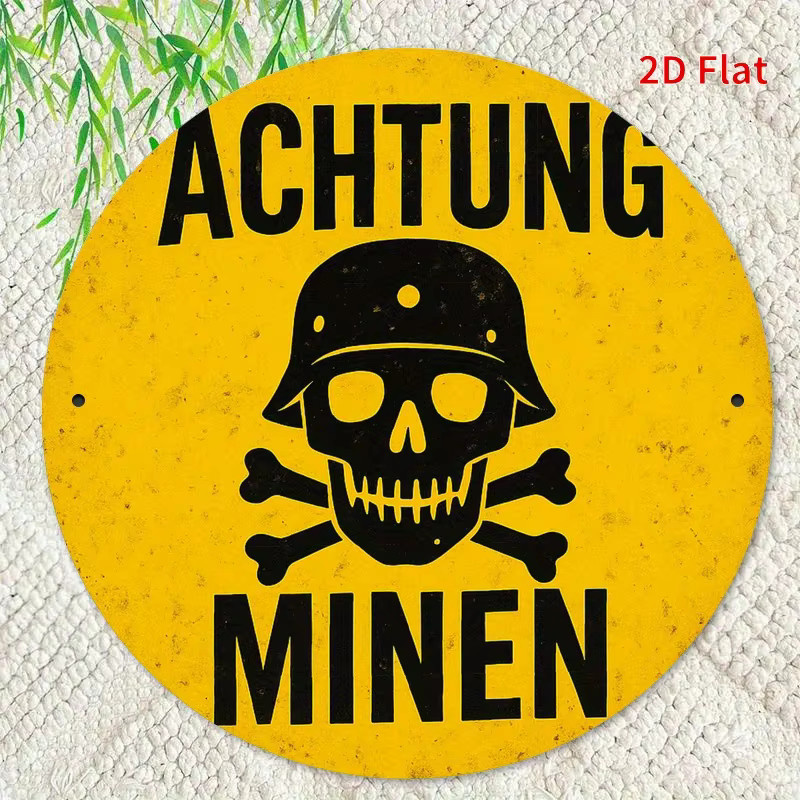 Rundes Vintage-Eisenschild Potdemiel Vorsicht vor Minen in Gelb, Durchmesser: 20,32 cm - Bild 5