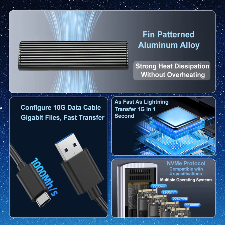 Congdi M.2 NVMe und SATA SSD-Gehäuse mit USB-C Anschluss, 10 Gbit/s USB 3.2 Gen2, unterstützt M-Key und B&M-Key, Silber/Schwarz - Bild 3