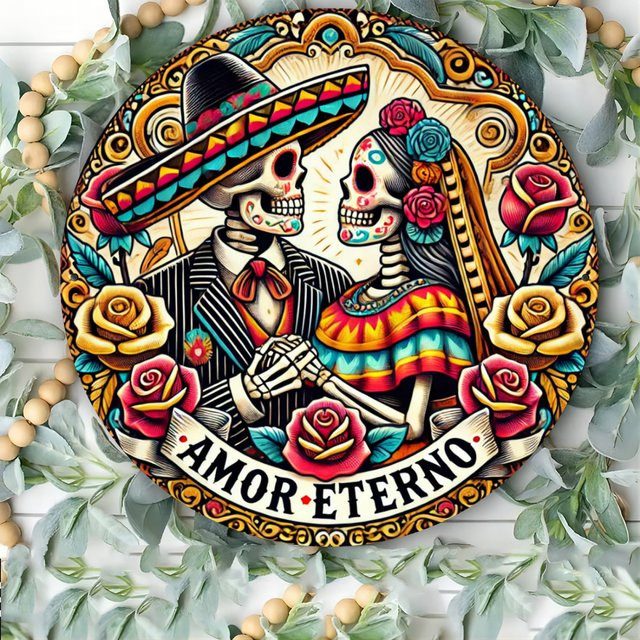 Potdemiel Dia De Los Muertos Aluminium-Wanddekoration mit Skelettpaar in Schwarz im Vintage-Gothic-Romantik Stil - Bild 1