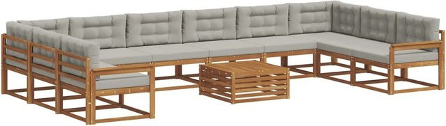 vidaXL Outdoor-Sofagarnitur aus massivem Akazienholz mit Kissen, 11-teiliges Set, Natur und Hellgrau - Bild 1