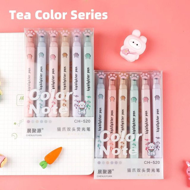 6er Pack Kawaii Katzenpfote Textmarker in Pastellfarben mit Keilspitze für Schule und Büro, Mehrfarbig - Bild 1