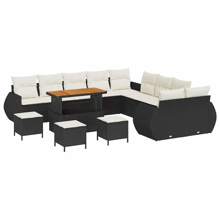 vidaXL Garten-Sofa-Set 14-teilig aus Poly-Rattan und Akazienholz in Schwarz-Creme mit Polstern und Tisch - Bild 2