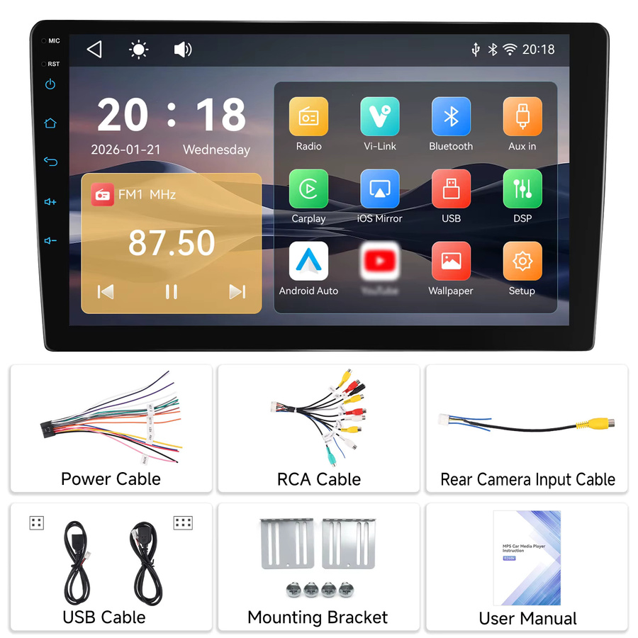 Podofo 2Din Kabelloses CarPlay Autoradio mit 9 Zoll IPS-Bildschirm, MP5 Multimedia-Player, Bluetooth, Android Auto und FM RDS in Schwarz - Bild 4