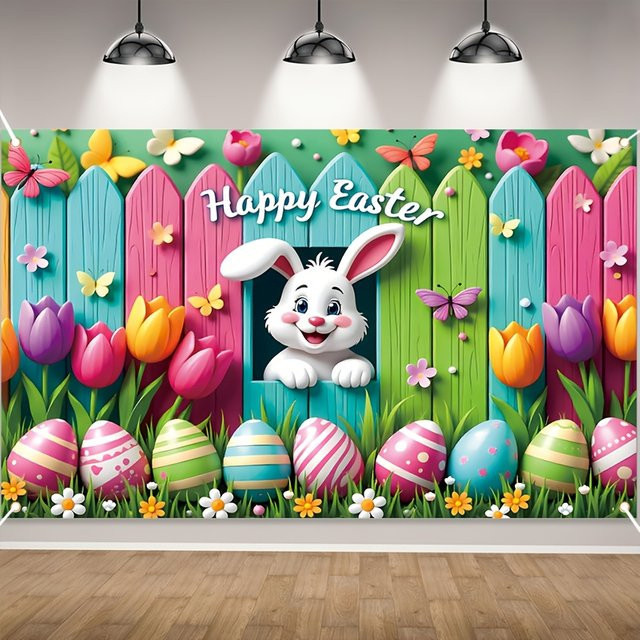 VIKAMA Oster-Wandteppich mit 3D-Hasen und bunten Tulpen, Wanddekoration für Wohnzimmer und Kinderzimmer, Mehrfarbig, Breite: 180 cm, Höhe: 110 cm - Bild 1