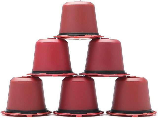 6 Stück wiederverwendbare Nespresso Kaffeekapseln aus Edelstahl und Kunststoff in Rot inklusive Löffel und Bürste - Bild 1