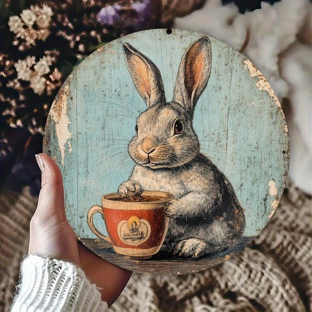 Rundes Aluminiumschild Potdemiel im Vintage-Kaninchen-Kaffee-Design, Metall-Wandkunst für Café und Küche, Durchmesser: 20,3 cm, Mehrfarbig - Bild 1