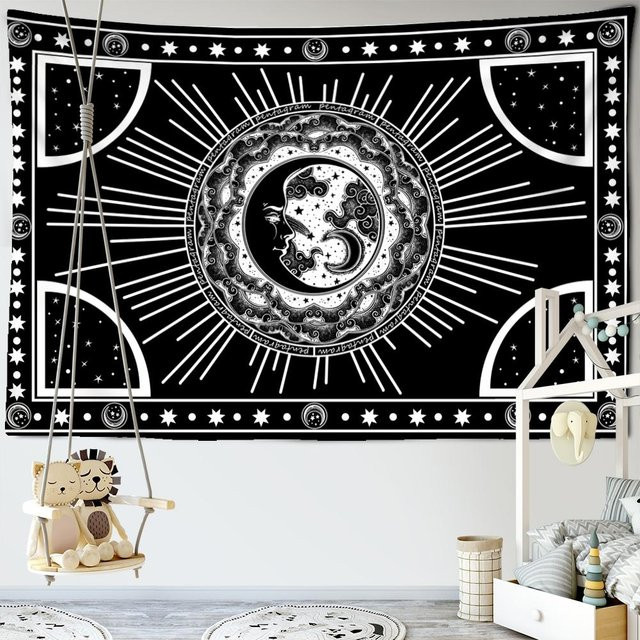 Super Six Wandteppich Sonne Mond Stern in Grau mit abstraktem Boho-Design, Breite: 95 cm, Höhe: 70 cm - Bild 1