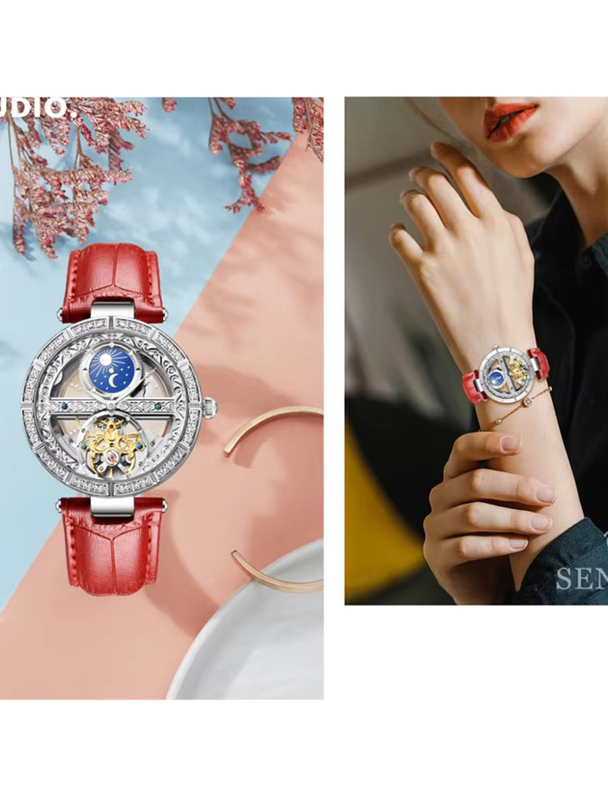 AILANG Armbanduhr Automatik, Leder, Blau, Silber, Damen - Bild 3