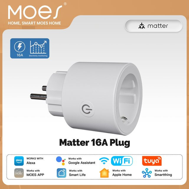 MOES Tuya Matter Smart Plug WiFi Steckdose 16A mit Power Monitoring in Weiß, kompatibel mit Apple Home, Google und Alexa - Bild 1