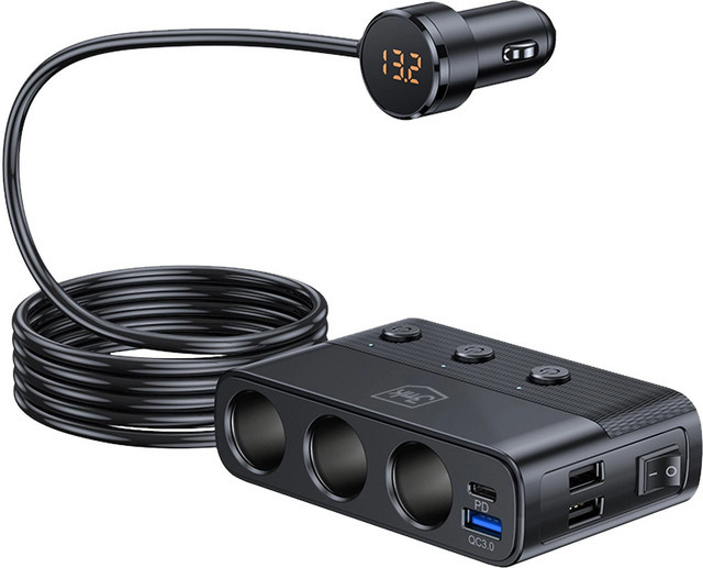 3MK Auto-Ladegerät Power Splitter mit 120W, 3A, 3 x USB-A, 1 x USB-C und 3 x Zigarettenanzünder-Verlängerung in Schwarz - Bild 1
