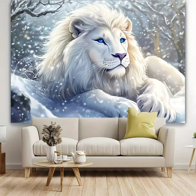VIKAMA Wandteppich mit modernem Löwen-Motiv in Weiß und Blau, Winter-Schneeszene als Wanddekoration für dein Wohnzimmer oder Schlafzimmer, B/H: 70 x 70 cm - Bild 3