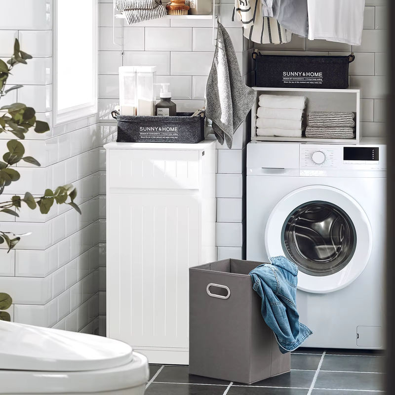 SoBuy Wäscheschrank BZR110-W in Weiß mit ausklappbarer Wäschetruhe und Schublade für das Badezimmer - Bild 2