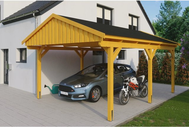 Skan Holz Carport Fichtelberg aus Fichte und Leimholz mit spitzer Dachform und Dachschindeln, Farbe: Eiche Hell, B/T: 423 x 566 cm, Höhe: 326 cm - Bild 1