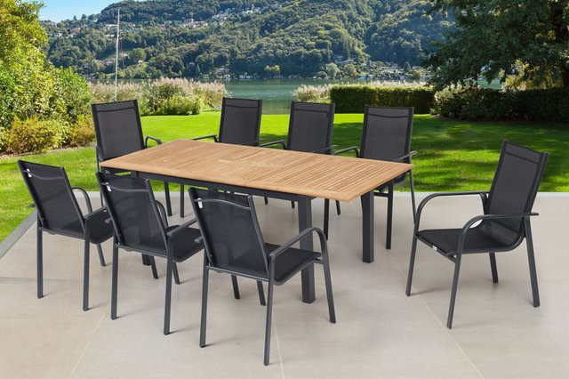 OUTFLEXX Garten-Essgruppe aus Aluminium, Teakholz und Textilene in Anthrazit Matt mit ausziehbarem Tisch und 8 stapelbaren Sesseln - Bild 1