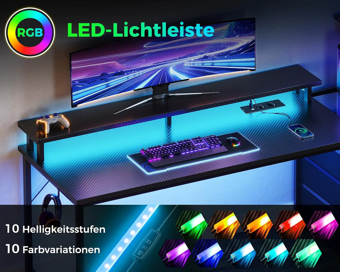 Coleshome Gaming Schreibtisch mit LED-Beleuchtung und Steckdose, Carbon Fiber Schwarz, Breite: 151 cm, Tiefe: 50 cm - Bild 4