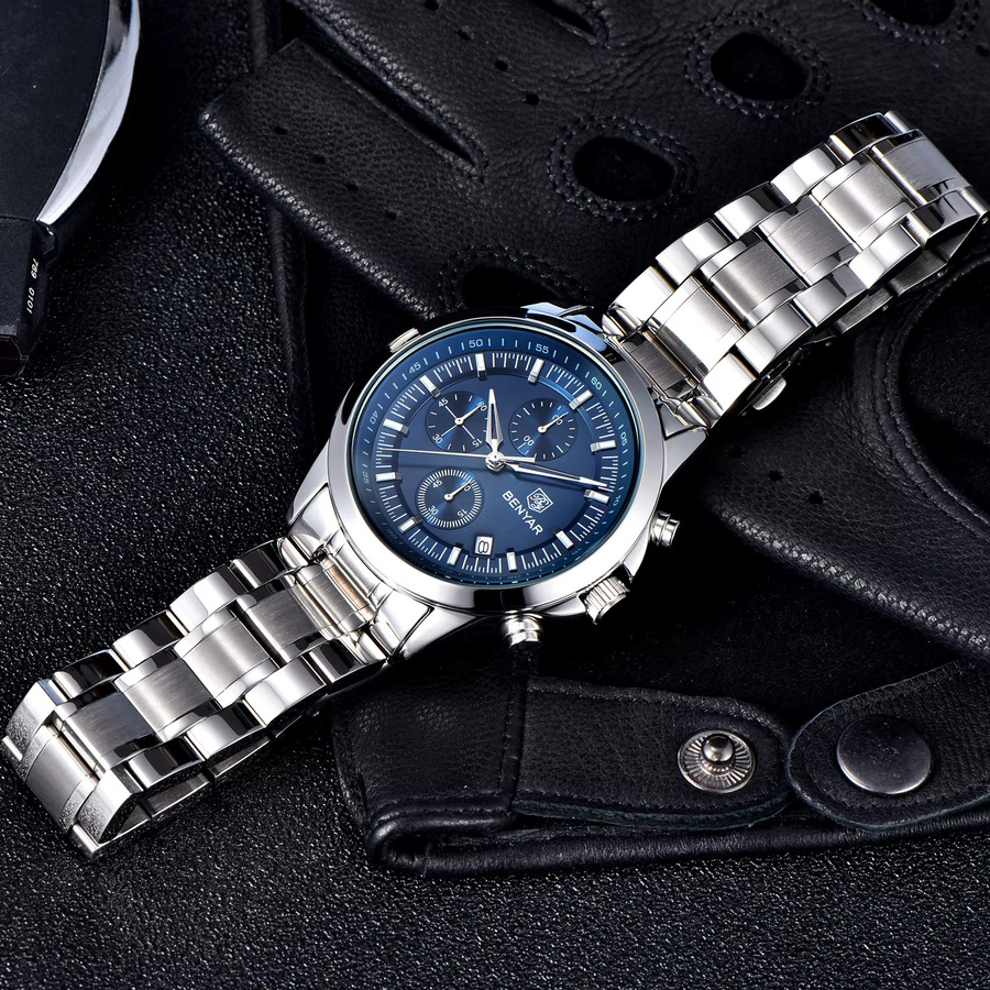 BENYAR Chronograph Armbanduhr, Quarz, Edelstahl, Blau, Herren - Bild 4