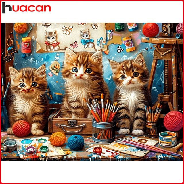 Huacan Diamant-Malerei Katze als Tier-Mosaik in Mehrfarbig, runde Form, B/T/H: 30,0 x 20,0 x 20,0 cm - Bild 1