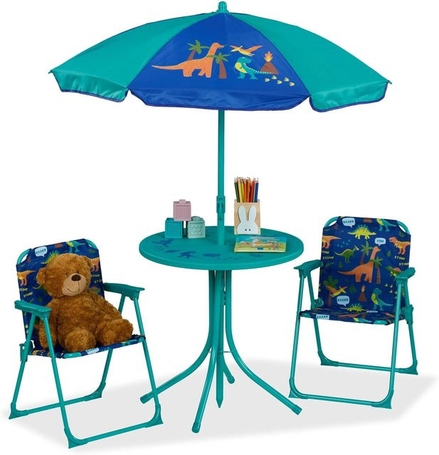 Relaxdays Kindersitzgruppe Dino mit Sonnenschirm aus Eisen und Kunststoff in Multicolour, B/T/H: 53 x 36 x 37,5 cm - Bild 1