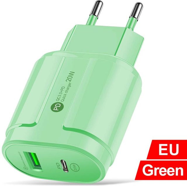 20W Dual USB Wandladegerät mit USB-C PD und EU-Stecker in Green für iPhone, Samsung und Xiaomi - Bild 1