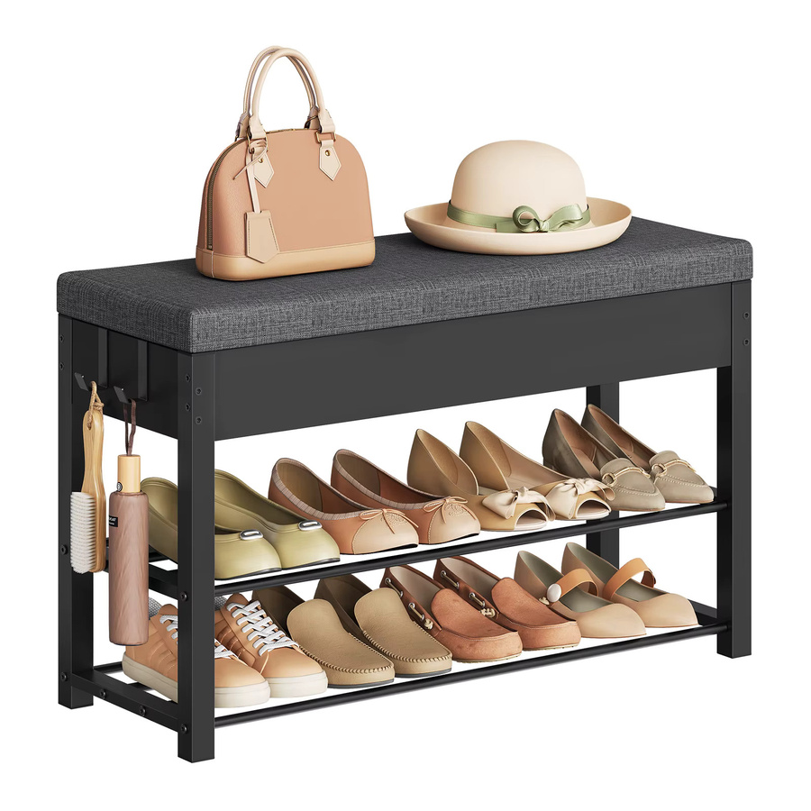 WOLTU Schuhbank mit gepolstertem Sitz und doppellagigem Schuhregal inklusive verstecktem Fach und 2 Haken, B/T/H: 80 x 50 x 30 cm - Bild 2