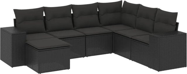 vidaXL 7-tlg. Garten-Sofagarnitur in L-Form aus schwarzem Poly-Rattan mit Kissen und pulverbeschichtetem Stahlgestell - Bild 1