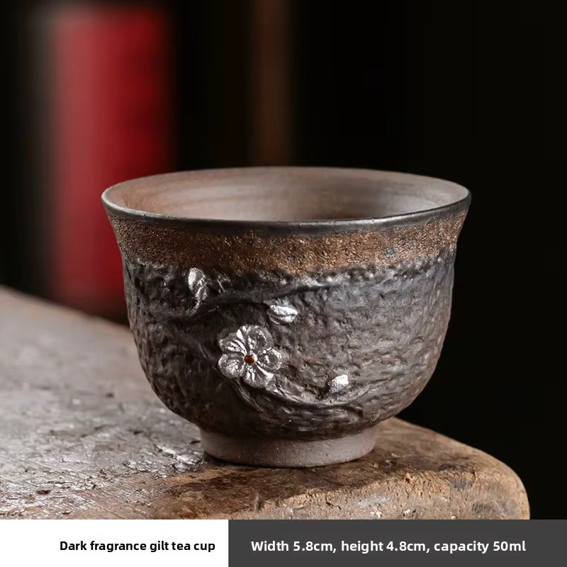 Liu Yin Handgefertigte Grobkeramik-Teetasse aus Keramik, unglasierte vergoldete Meistertasse mit floralem Design in Gold und Braun - Bild 4