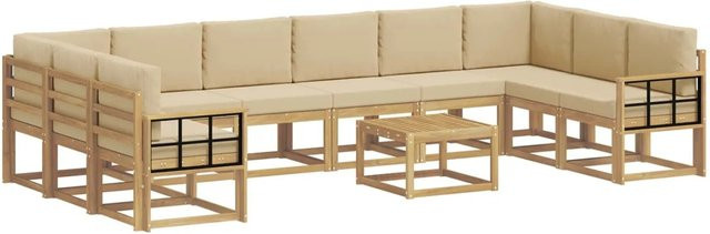 vidaXL Outdoor-Sofagarnitur in L-Form aus Akazienholz mit 11 Kissen in Weiß und Beige - Bild 1
