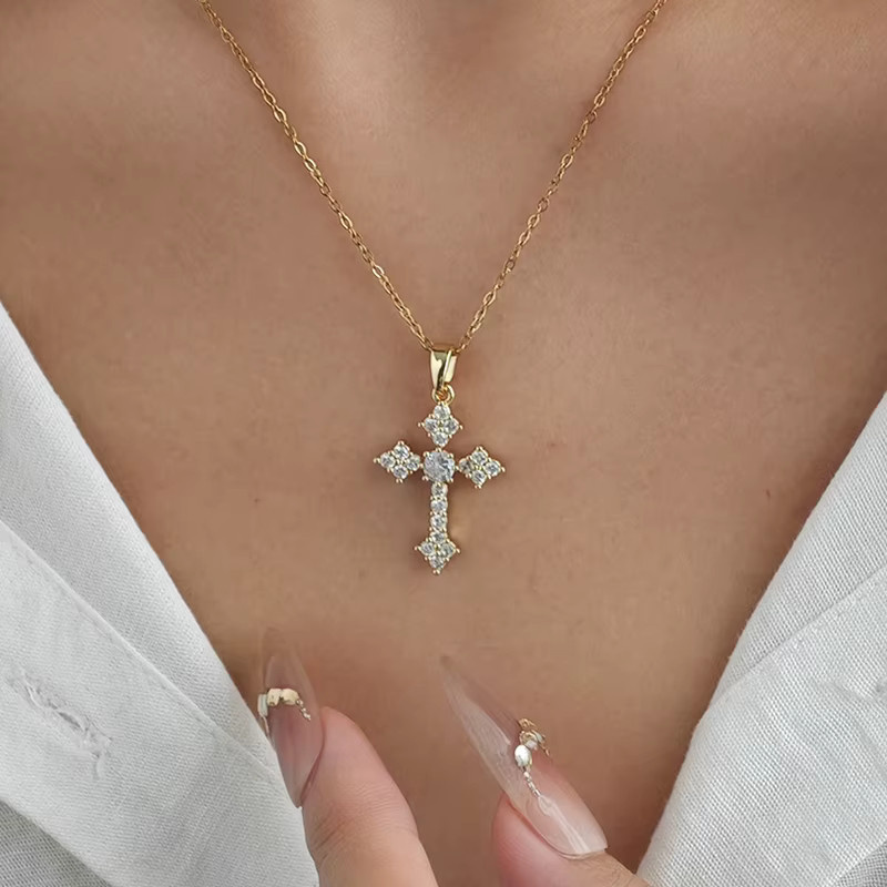 ANENJERY Halskette mit Kreuz Anhänger, Edelstahl, Zirkonia, Unisex - Bild 2
