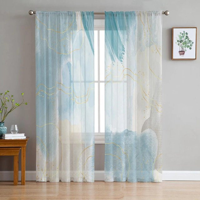 A Family Of Home Textiles Transparent Voile Tüll Vorhang mit Marmor Linie Gold Gradienten in Blau, Breite: 135 cm, Höhe: 183 cm - Bild 1