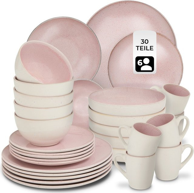 tectake Kombiservice Mare für 6 Personen aus Steingut in Rosa, stapelbar, mikrowellen- und spülmaschinenfest, Durchmesser: 26,5 cm, Höhe: 2,5 cm - Bild 1
