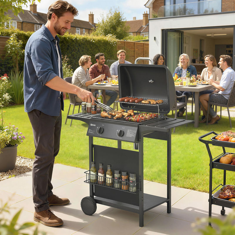Outsunny Gasgrill mit 2 Brennern und 5 KW Leistung aus Edelstahl inklusive Seitentisch, Unterkorb, Thermometer und Rollen für Balkon und Party von Aosom - Bild 2
