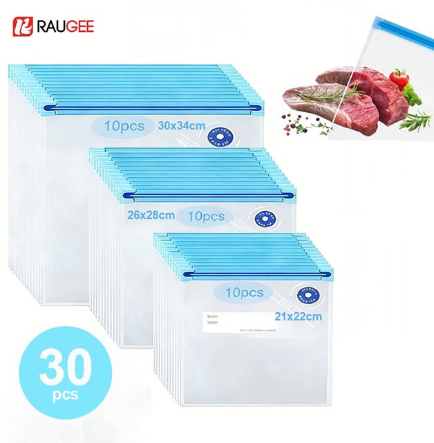 Wiederverwendbare Vakuumbeutel von raugee, BPA-freie Lebensmittel-Vakuumverpackung mit Reißverschluss, transparent, 30 Stück - Bild 1