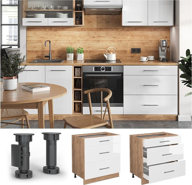 Vicco Küchenunterschrank Fame-Line mit Schubladen in Weiß Hochglanz und Eiche modern, Breite: 80 cm - Bild 1