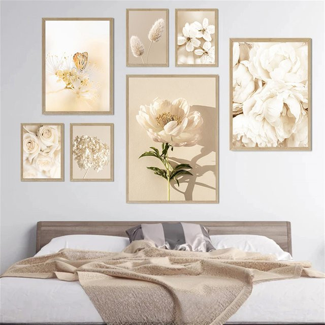 Potdemiel Leinwand-Poster mit Rosen, Pfingstrosen und Schilfgras in Beige im nordischen Design - Bild 1