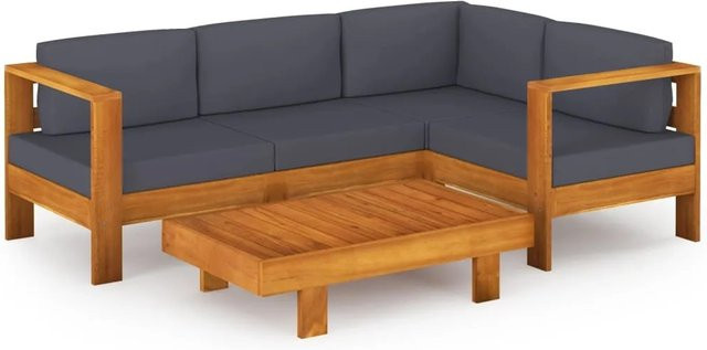 vidaXL 5-tlg Garten-Lounge-Set aus Akazienholz in L-Form mit grauen Polsterauflagen aus UV-beständigem Polyester - Bild 1