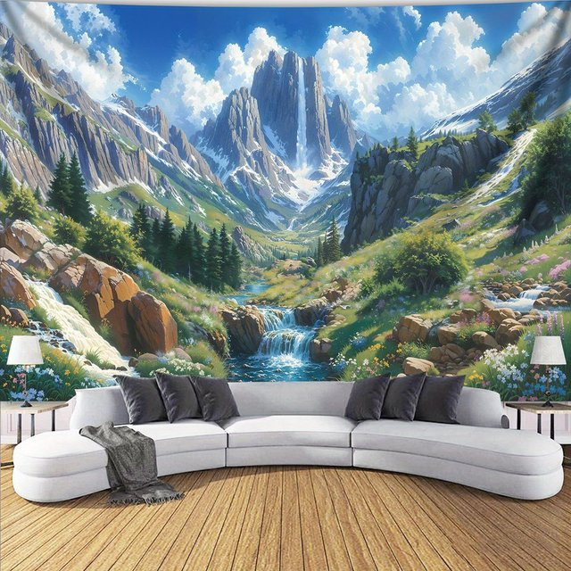 Ästhetischer Wandteppich mit Naturmotiv Berge Wald und Bach von JMG Household Supplies, Mehrfarbig, B: 100 cm, H: 70 cm - Bild 1